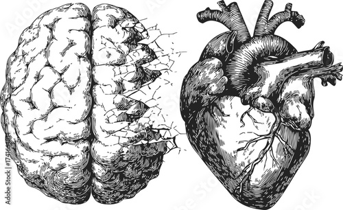 Brain and heart sketch, hand drawn, detailed anatomical illustration, cracked brain effect — stock vector