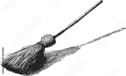 Broom sketch hand drawn rustic cleaning tool with shadow — stock vector