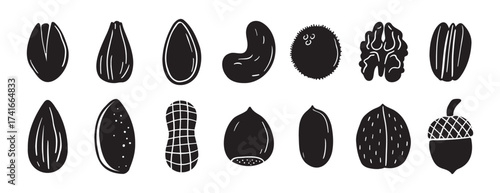 nuts silhouettes set. doodle hand drawn nuts design. black color