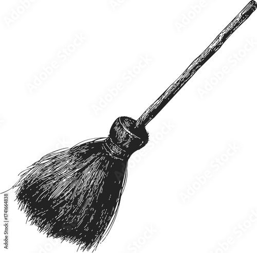 Broom sketch hand drawn rustic cleaning tool with wooden handle — stock vector