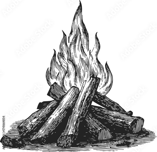 Campfire sketch hand drawn style with burning logs and flames — stock vector