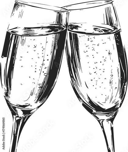 Champagne glasses sketch hand drawn clinking with bubbles celebration scene — stock vector