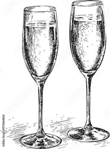 Champagne flutes sketch hand drawn style elegant glassware illustration — stock vector