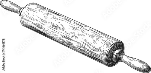 Rolling pin sketch hand drawn style with wooden texture and classic handles — stock vector