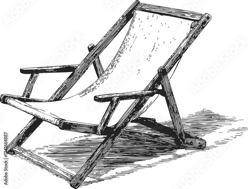 Deck chair sketch hand drawn style with wooden frame and canvas seat — stock vector