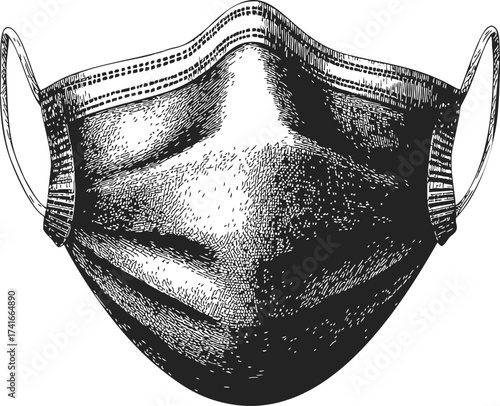 Medical face mask sketch hand drawn detailed protective mask with ear loops — stock vector