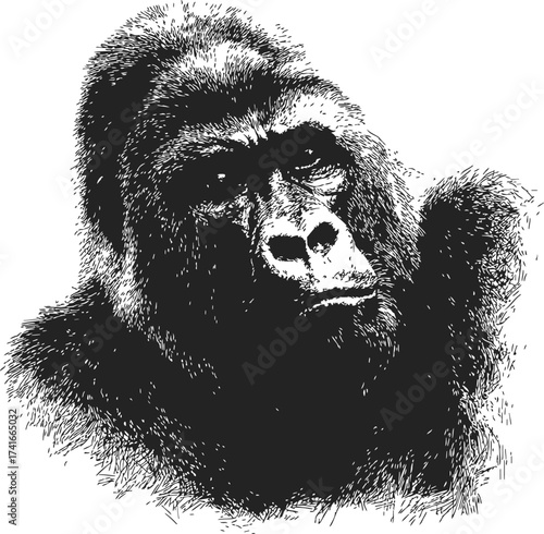 Gorilla head sketch hand drawn detailed portrait in black and white — stock vector