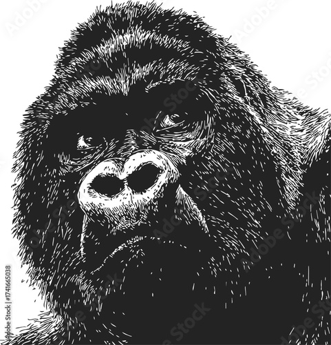 Gorilla face sketch hand drawn close up portrait in black and white — stock vector