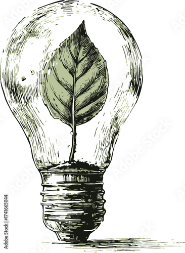 Light bulb sketch with green leaf inside, hand drawn eco energy concept — stock vector