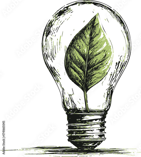 Light bulb sketch with green leaf inside, hand drawn eco energy concept — stock vector