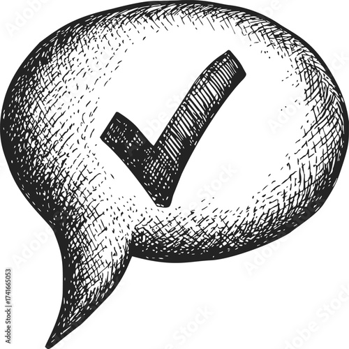 Check mark sketch in speech bubble, hand drawn style, black and white — stock vector