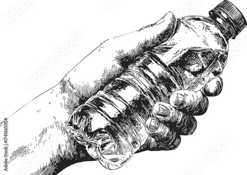 Hand holding plastic water bottle sketch, hand drawn style, detailed realistic illustration — stock vector