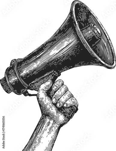 Megaphone hand drawn sketch style, human hand holding loudspeaker — stock vector