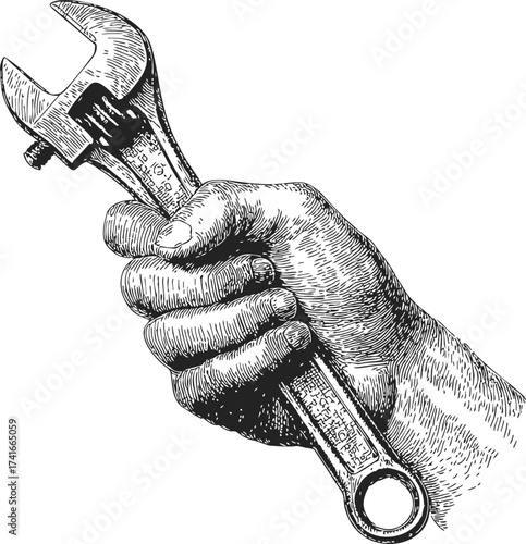 Hand holding wrench sketch, hand drawn style, detailed engraving illustration — stock vector
