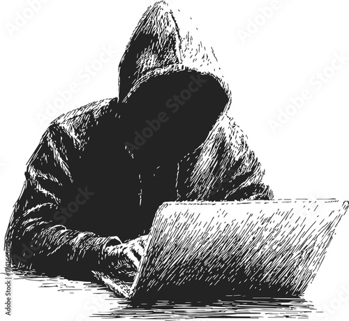 Hacker in hoodie sketch, hand drawn style, anonymous figure using laptop — stock vector
