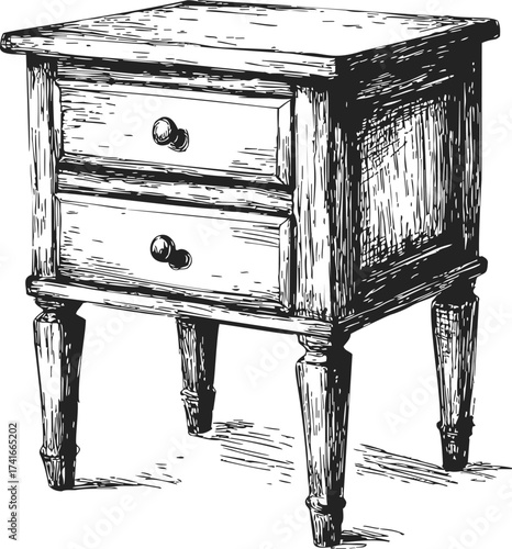 Nightstand sketch hand drawn with two drawers and vintage wooden legs — stock vector