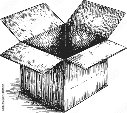 Cardboard box sketch, hand drawn open packaging with flaps, detailed line art — stock vector