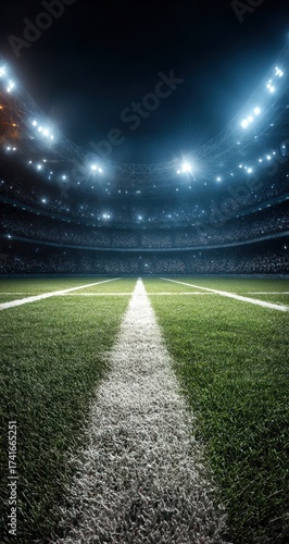View from the center of the football field, lit up under stadium lights at night