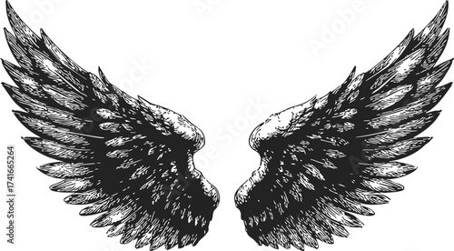 Angel wings sketch hand drawn detailed feathered symmetrical illustration — stock vector