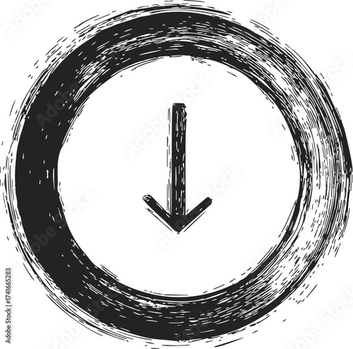 Down arrow sketch hand drawn inside rough circular brush stroke — stock vector