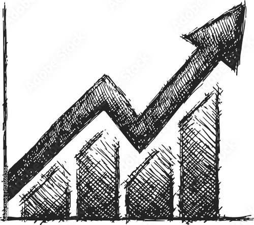 Growth chart sketch hand drawn upward arrow bar graph illustration — stock vector