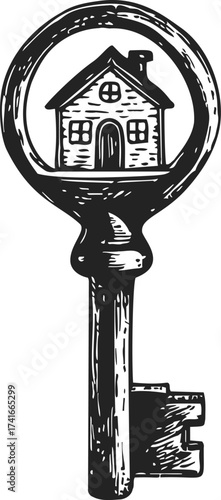 House key sketch, hand drawn vintage style with house inside key head — stock vector