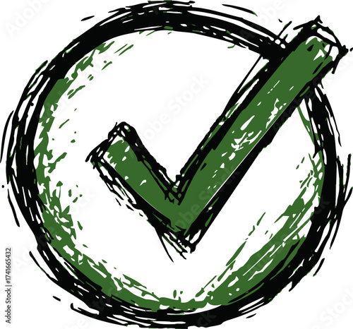Check mark sketch hand drawn green tick inside rough circle — stock vector