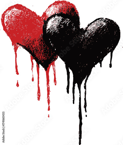 Dripping hearts sketch, hand drawn style, black and red ink, grunge effect — stock vector