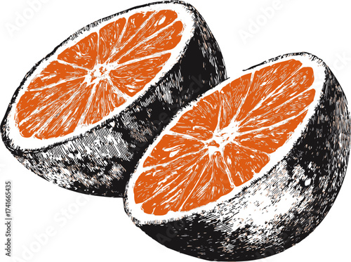 Orange halves sketch hand drawn citrus fruit detailed cross section — stock vector