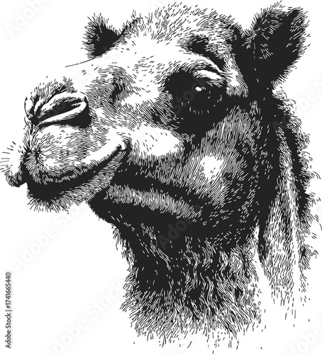 Camel head sketch, hand drawn vector, detailed black and white portrait — stock vector