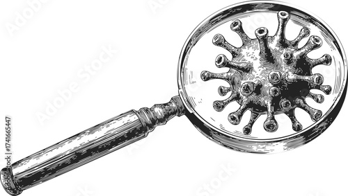 Magnifying glass sketch hand drawn style showing virus cell close up — stock vector
