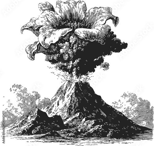 Volcano sketch hand drawn with erupting flower plume surreal concept — stock vector