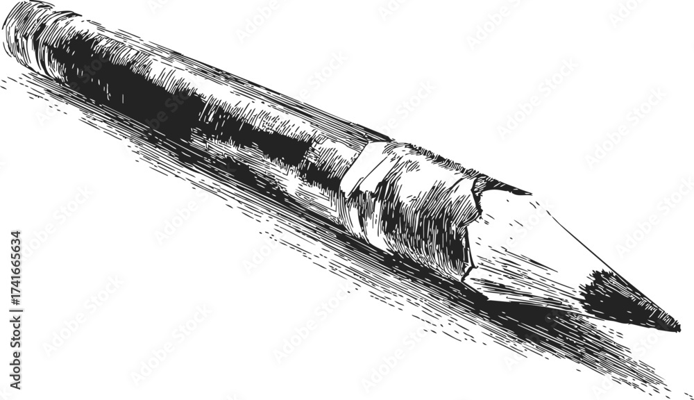 Pencil sketch, hand drawn style, detailed close up of wooden pencil with textured shading — stock vector