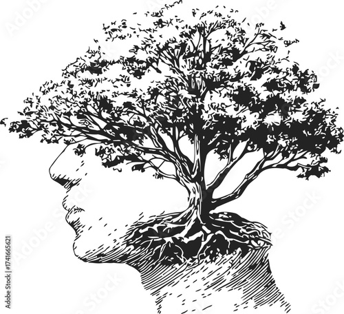 Human head silhouette with tree growing from brain, sketch hand drawn style — stock vector