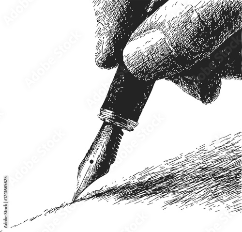 Fountain pen hand drawn sketch, hand holding pen writing on paper — stock vector