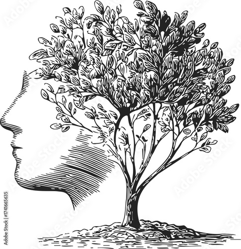 Human face tree sketch, hand drawn line art with leafy branches forming profile — stock vector