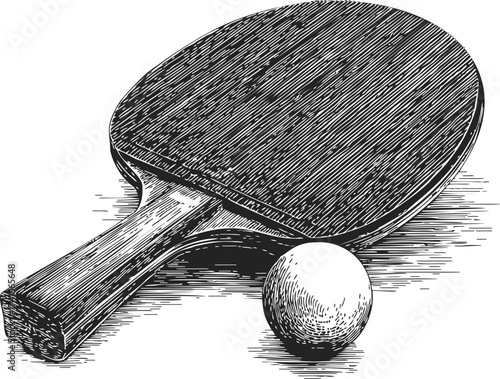 Ping pong paddle sketch hand drawn with ball on white background — stock vector