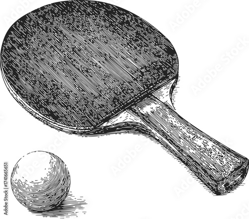 Ping pong paddle and ball sketch, hand drawn vintage style sports equipment — stock vector