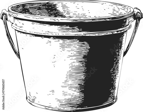 Metal bucket sketch hand drawn style with handle and detailed shading — stock vector