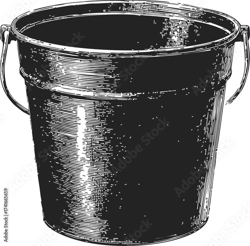 Metal bucket sketch hand drawn style with detailed texture and handle — stock vector