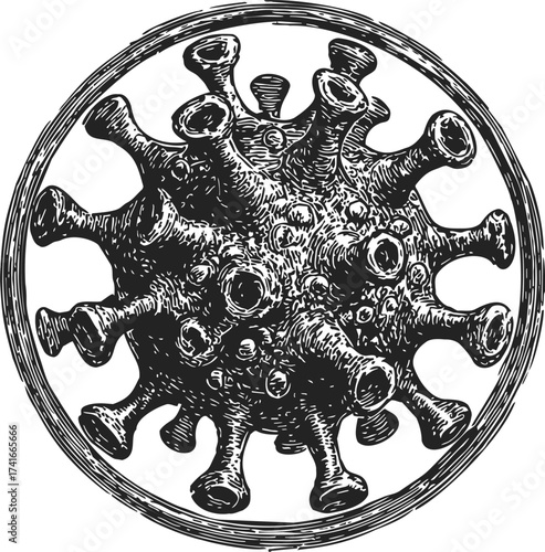 Coronavirus hand drawn sketch, detailed viral particle with spikes — stock vector