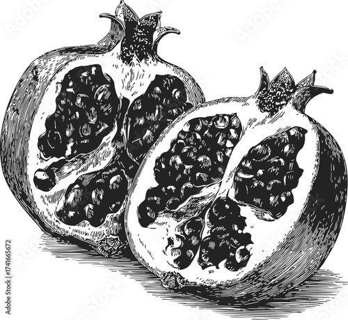 Pomegranate hand drawn sketch, whole and halved fruit detailed vintage engraving — stock vector