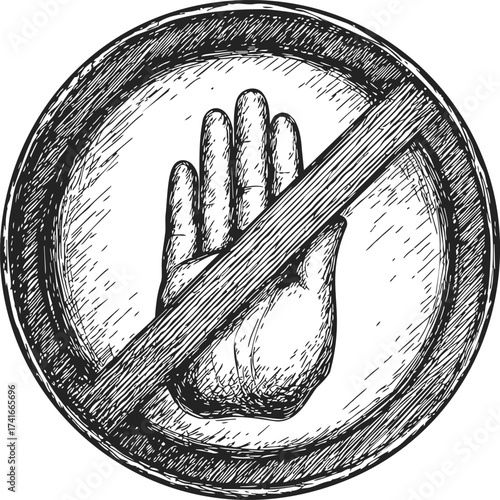 Stop hand symbol sketch, hand drawn prohibition sign with raised palm — stock vector