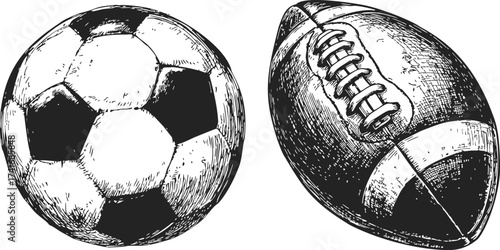 Soccer ball and rugby ball sketch, hand drawn sports equipment illustration — stock vector