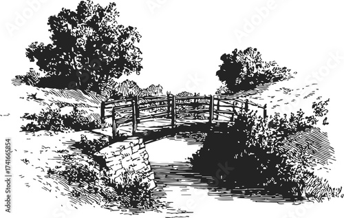 Wooden bridge sketch, hand drawn style over creek with trees and bushes — stock vector