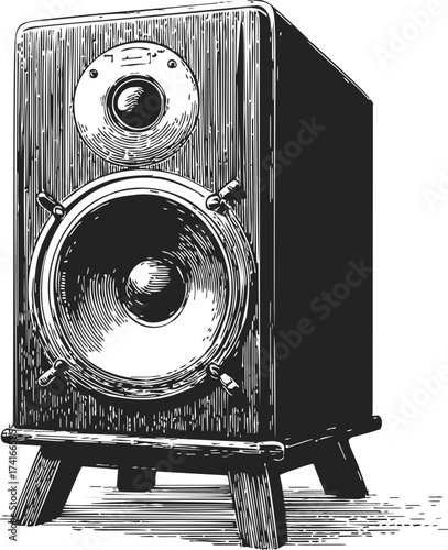 Vintage speaker sketch, hand drawn style, classic wooden cabinet on stand — stock vector
