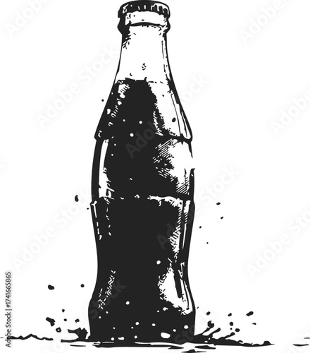Soda bottle sketch, hand drawn vintage glass bottle with splash — stock vector