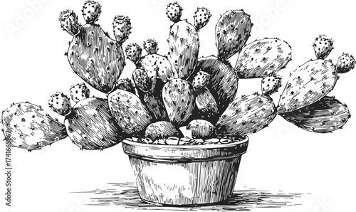Prickly pear cactus sketch hand drawn in ceramic pot with detailed spines — stock vector