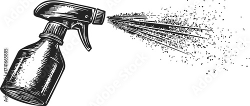 Spray bottle sketch hand drawn style spraying mist isolated on white — stock vector