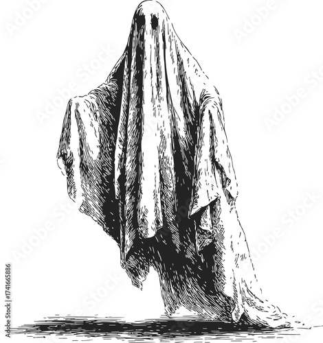Ghost sketch hand drawn style floating spirit with sheet draped over body — stock vector
